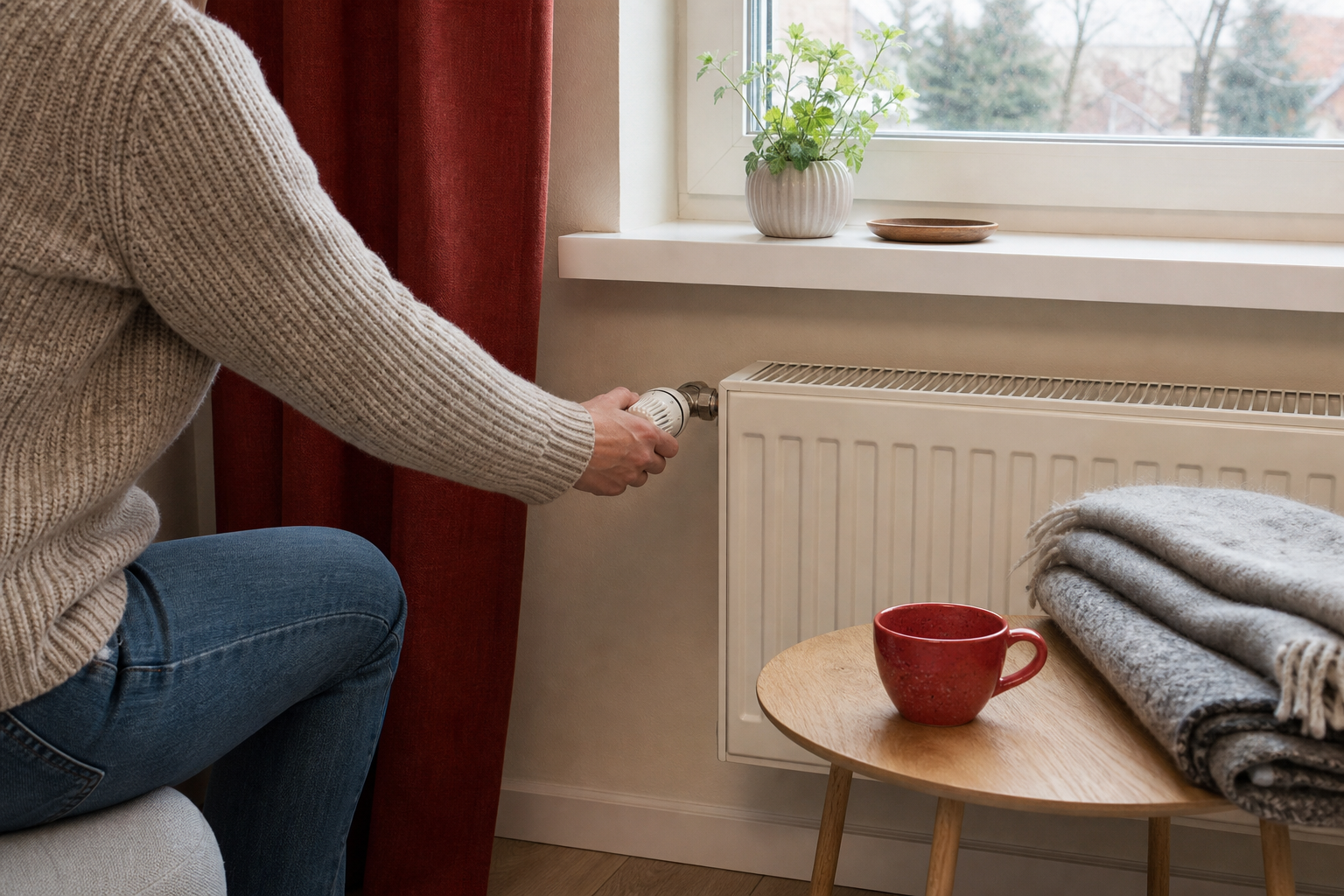 Bewoner in een trui die de radiatorknop bij een raam met rood gordijn instelt