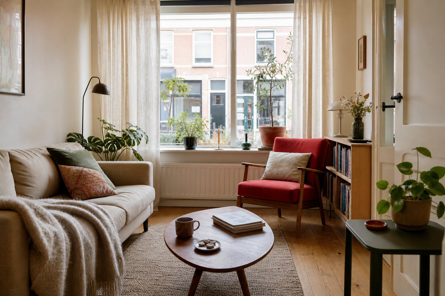 Lichte woonkamer met een rode leesstoel, houten vloer en planten bij het raam